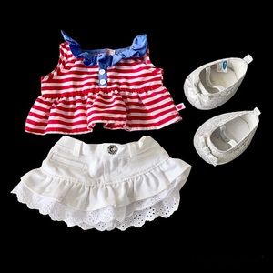 Build a Bear Girl Outfit Skirt Top Shoes Patriotic Red White Blue Silver America
